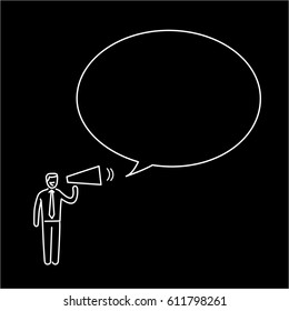Marketing and communication. Vector business illustration of speaking businessman with megaphone in to buble | modern flat design linear concept icon and infographic white on black background
