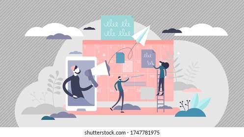 Marketing communication vector illustration in flat tiny persons concept. Advertising, branding, PR activities and product launch strategy and time development team. Creative process for business.