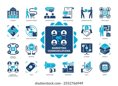 Marketing Communications icon set. Customer Journey, Branding, Price, Promotion, Sponsorship, Market, Sales, Company. Duotone color solid icons