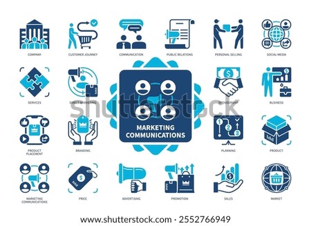 Marketing Communications icon set. Customer Journey, Branding, Price, Promotion, Sponsorship, Market, Sales, Company. Duotone color solid icons