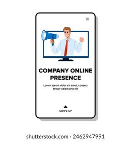 marketing company online presence vector. digital strategy, engagement visibility, analytics optimization marketing company online presence web flat cartoon illustration