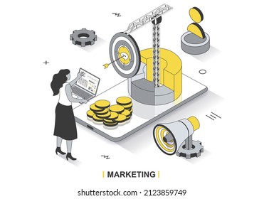 Marketing concept in 3d isometric outline design. Woman doing market research, developing strategy, targeting, promoting successful business, line web template. Vector illustration with people scene