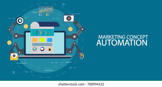 Marketing Concept Of Automated Marketing, Digital Marketing Automation Flat Vector Illustration With Email, Search And Chat Icons