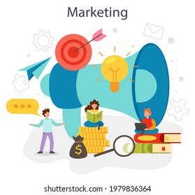 Marketing concept. Business promotion educational school course, customer communication and product advertising through social networks. Flat vector illustration