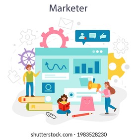 Marketing concept. Business promotion educational school course, customer communication and product advertising through social networks. Flat vector illustration