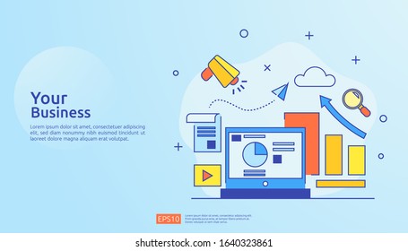 marketing concept with document data report. business statistics, investment analysis, planning research and finance audit with paper sheet chart, laptop, magnifier, paperwork, charts, graphs element