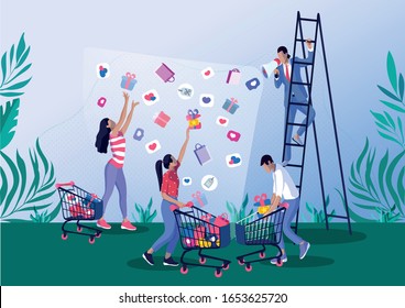 Marketing Concept Flat Cartoon Vector Illustration. Man Standing on Ladder and Shouting at Megaphone. People Catching Gift, Shopping Bag, Heart Icons. Carts Full Signs. Gathering Signs.