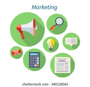Marketing concept flat design icon. Marketing strategy, advertising and marketing icon, business web, idea management, strategy seo, optimization and organization planning illustration