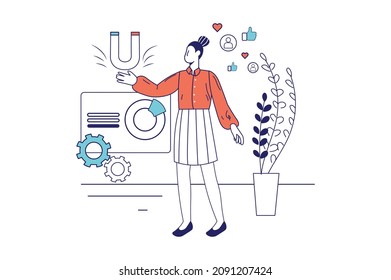 Concepto de marketing en diseño de línea plana para banner web. Woman with imnet atrae a clientes en redes sociales, promueve negocios, la escena de la gente moderna. Ilustración del vector en el estilo gráfico de contorno