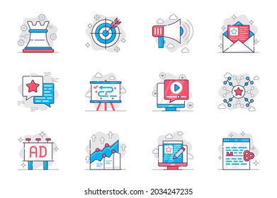 Marketing concept flat line icons set. Successful business promotion strategy. Bundle of target, attraction, networking, optimization and other. Vector conceptual pack outline symbols for mobile app