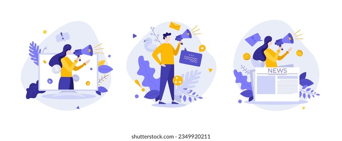 Marketing concept flat vector illustrations set. Promotion of business and social information. Advertising cartoon concepts for web design. Creative idea for website, mobile, presentation