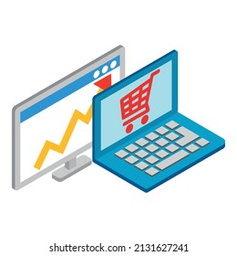 Marketing concept icon isometric vector. Shop cart on laptop screen, growth chart. Digital marketing, online shopping, business concept