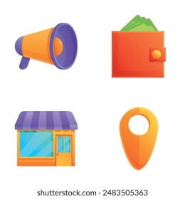 Marketing concept icons set cartoon vector. Product, price, place and promotion. Business, online sale