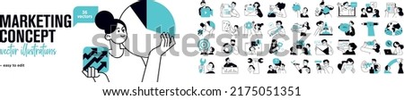 Marketing concept illustrations. Set of people vector illustrations in various activities of business marketing, strategy, planning, digital advertising, social media and communication.