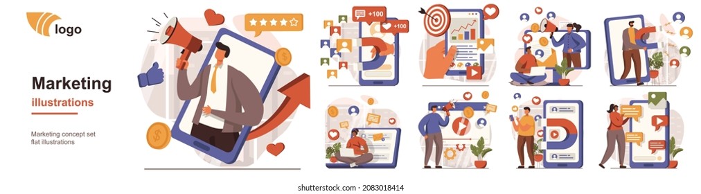 Marketing concept isolated person situations. Collection of scenes with people attract new customers, conduct advertising campaigns, e-commerce and rating. Mega set. Vector illustration in flat design