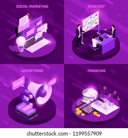 Marketing concept isometric glow 2x2 design concept with various electronic devices pictogram icons and editable text vector illustration