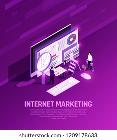 Marketing concept isometric glow composition with conceptual images of desktop computer elements magnifying glass and people vector illustration