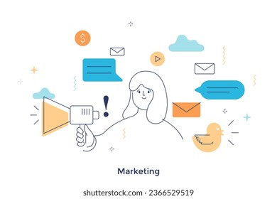 Marketing concept linear vector illustration. Advertising campaign tools. Effective business promotion strategy cartoon composition for web design. Creative idea for website, mobile, presentation