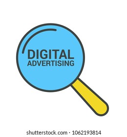 Marketing Concept: Magnifying Optical Glass With Words Digital Advertising. Vector illustration