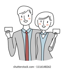 Marketing concept with male and female presenters showing blank card. Credit card or membership card advertisement with cute young couple in business attire smiling and holding card in hands. 