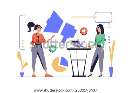 Marketing concept in modern flat cartoon design for web. Women work in team, discussing and brainstorming, creating promotion strategy for business, starting advertising campaign. Vector illustration.