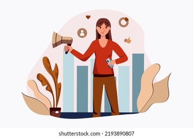 Marketing concept with people scene in the flat cartoon design. Employee encourages consumers to share their needs and opinions in order to set up consumer market correctly. Vector illustration.