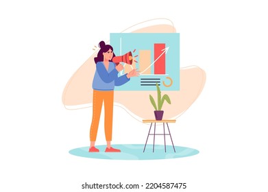 Marketing concept with people scene in the flat cartoon design. Marketer presents the increase in the number of sales of a product with the help of chart. Vector illustration.