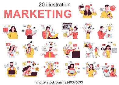Marketing concept with people scenes set in flat design. Men and women create photo and video content, posting in social media, promote blogs. Vector illustration visual stories collection for web