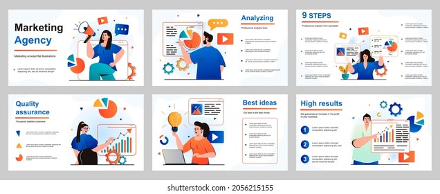 Marketing concept for presentation slide template. Marketers and analysts work at agency, make advertising campaigns, analyze data, increase business income. Vector illustration for layout design