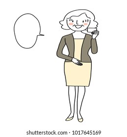 Marketing concept with presenter showing blank card. Senior woman standing in full length, saying something and presenting blank card. Word balloon included. Vector illustration with hand-drawn style.