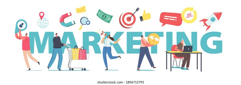 Marketing Concept. Public Relations, Communication Pr Agency Team Characters Work with Megaphone. Alert Advertising, Social Media Promotion Poster Banner Flyer. Cartoon People Vector Illustration