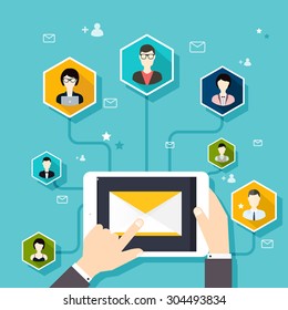 Marketing concept of running email campaign, email advertising, direct digital marketing. Flat design style modern vector illustration concept.