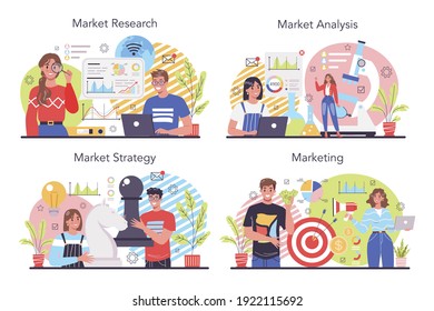 Marketing concept set. Market research and analysis. Company promotion, pricing strategy, market trends development. Isolated flat vector illustration