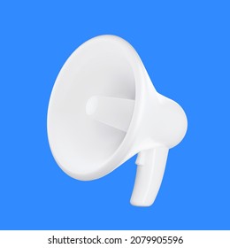 Concepto de marketing, megáfono blanco vectorial realista, altavoz sobre fondo azul