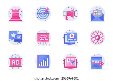 Marketing concept web flat color icons with shadow set. Pack pictograms of strategy, target, ad campaign, email newsletter and other. Vector illustration of symbols for website mobile app design