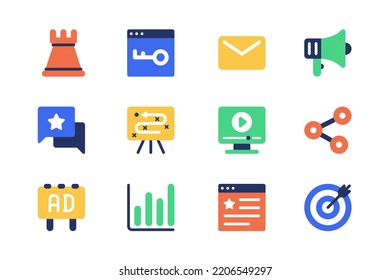 Marketing Concept Of Web Icons Set In Simple Flat Design. Pack Of Chess, Keyword, Email, Advertising Megaphone, Feedback Message, Video Content, Link, Target And Other.Vector Pictograms For Mobile App