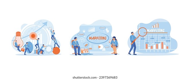 Marketingkonzept. Arbeiten zur Verbesserung der Marketingkonzepte. Anzeige des Marketingkonzepts. Marketingkonzept mit Finanzgrafiken und Diagrammen. Set trend moderne Vektorgrafik