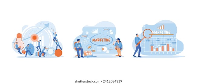 Marketing concept. Work on improving marketing ideas. Marketing concept display. Marketing concept with financial graphs and charts. set flat vector modern illustration 