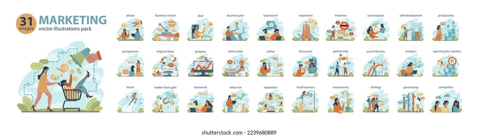 Marketing conceptions big set. Commercial project launching and promotion. Specialist working on marketing strategies for business development. Flat vector illustration