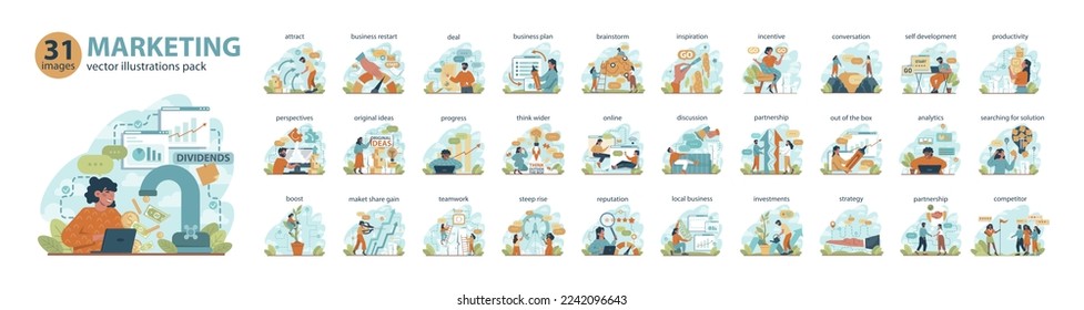 Conceptos de marketing en conjunto. Lanzamiento y promoción de proyectos comerciales. Especialista en estrategias de marketing para el desarrollo empresarial. Ilustración vectorial plana