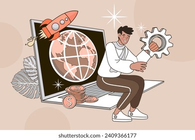 Marketing concepts. Social network. Send to email on laptop. Online messenger or internet application. Online Banking and Growing Business. Social Media. Businessman marketing vector outline.