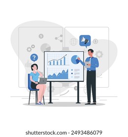 Marketing consulting, employee presentations, and people on business training, flat illustration