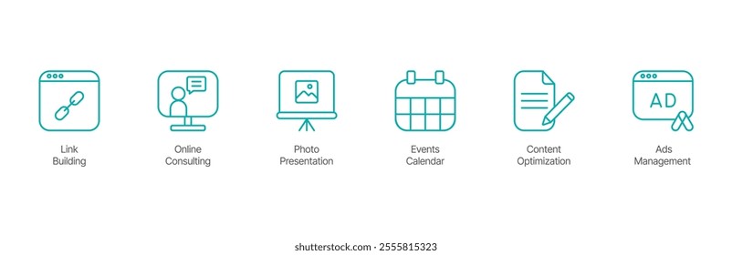 Marketing and Content Icon Set – Link Building, Online Consulting, Photo Presentation, Events Calendar, Content Optimization, and Ads Management Design