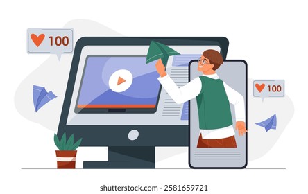 Marketing content strategy. Man on smartphone screen with paper plane in hands. SMM and content creator develops interesting content for messengers and social networks. Flat vector illustration