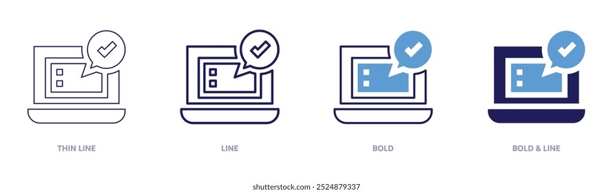 Ícone de cursos de marketing em 4 estilos diferentes. Linha fina, Linha, Negrito e Linha Negrito. Estilo duotônico. Traçado editável.