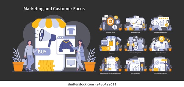 Marketing and customer focus night or dakr mode set. Dynamic scenes of customer engagement and business strategies. Targeting, partnership, innovation in commerce. Vector illustration.