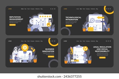 Marketing and customer focus night or dark mode web or landing page set. Reputation management, technological integration, business innovation, and corporate responsibility. Vector illustration.