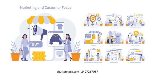 Marketing and customer focus set. Dynamic scenes of customer engagement and business strategies. Targeting, partnership, innovation in commerce. Vector illustration.