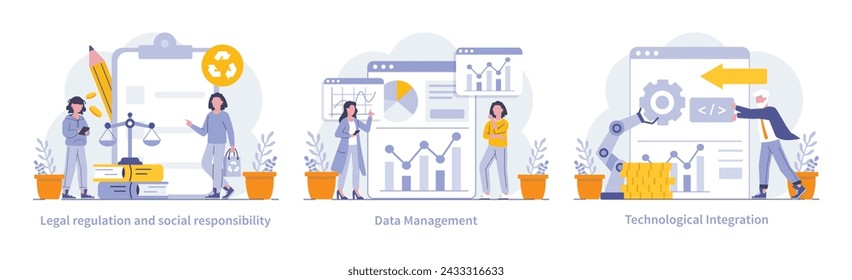 Marketing and customer focus set. Visuals on legal compliance, data analysis and security, and tech-forward corporate integration. Vector illustration.