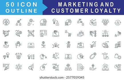 Marketing and Customer Loyalty icon set collection. Consist of Demographic, Target market, Personality, Customer segmentation, Product development. Simple vector outline illustration.